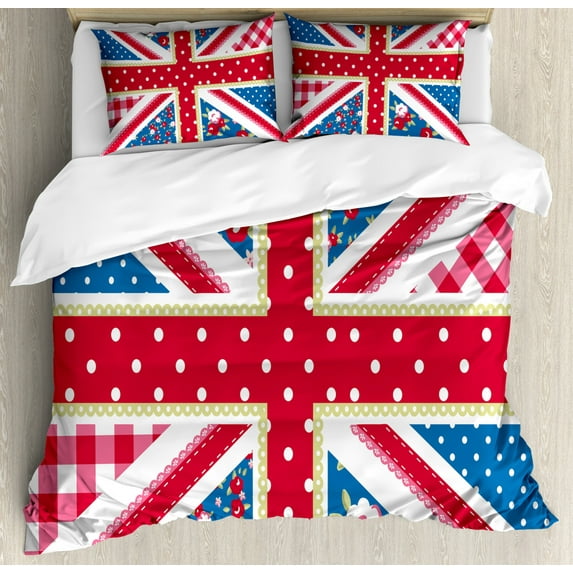 Shabby Chic Duvet Cover Set Queen Size, Cute British Flag in Floral Style Retro Polka Dots Country Culture Inspired, Decorative 3 Piece Bedding Set with 2 Pillow Shams, Multicolor, by Ambesonne