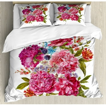 Shabby Chic Duvet Cover Set Queen Size, Gentle Summer Flora Hyacinths Blackberry and Peonies Victorian Style Vegetation, Decorative 3 Piece Bedding Set with 2 Pillow Shams, Multicolor, by Ambesonne