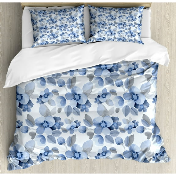 Shabby Chic Duvet Cover Set Queen Size, Watercolor Paintbrush Camellia Petals Perennial Romance Sprout Feminine Artsy Print, Decorative 3 Piece Bedding Set with 2 Pillow Shams, Blue, by Ambesonne