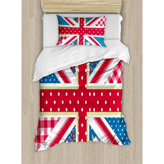 Shabby Chic Duvet Cover Set Twin Size, Cute British Flag in Floral Style Retro Polka Dots Country Culture Inspired, Decorative 2 Piece Bedding Set with 1 Pillow Sham, Multicolor, by Ambesonne