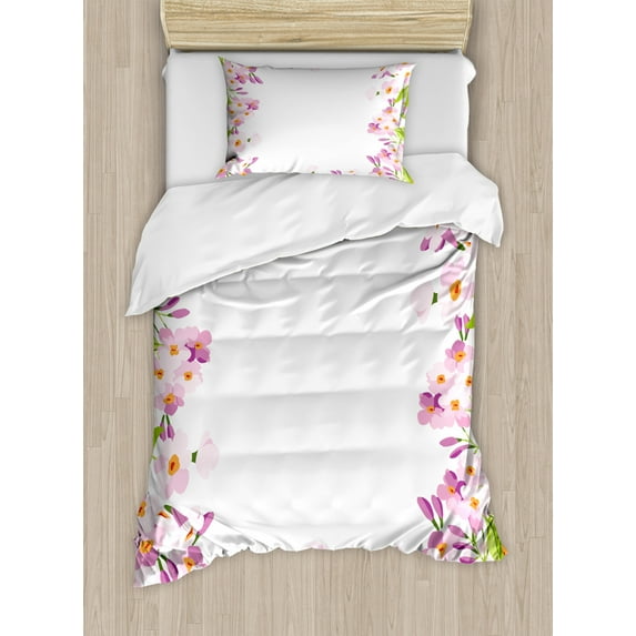 Shabby Chic Duvet Cover Set Twin Size, Floral Frame with Pink Meadow Flowers in Spring Foliage Blooms Nature Ornate, Decorative 2 Piece Bedding Set with 1 Pillow Sham, Multicolor, by Ambesonne