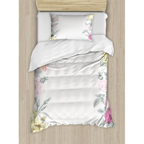 Shabby Chic Duvet Cover Set Twin Size, Garden of Wild Roses Framework Vintage Style Colorful Botanical Illustration, Decorative 2 Piece Bedding Set with 1 Pillow Sham, Multicolor, by Ambesonne