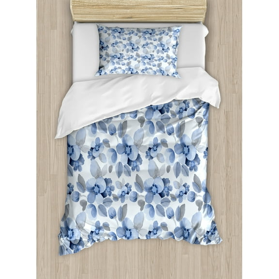 Shabby Chic Duvet Cover Set Twin Size, Watercolor Paintbrush Camellia Petals Perennial Romance Sprout Feminine Artsy Print, Decorative 2 Piece Bedding Set with 1 Pillow Sham, Blue, by Ambesonne