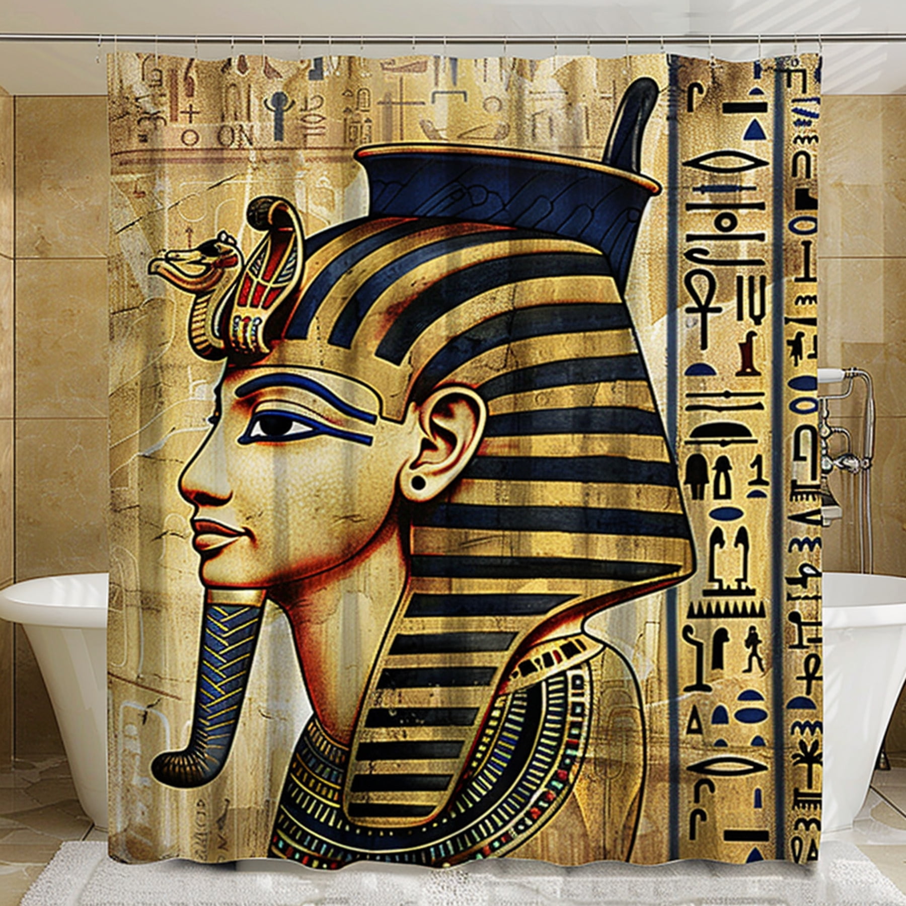 Shabby Chic Egyptian Pharaoh Head Shower Curtain with Hieroglyphs