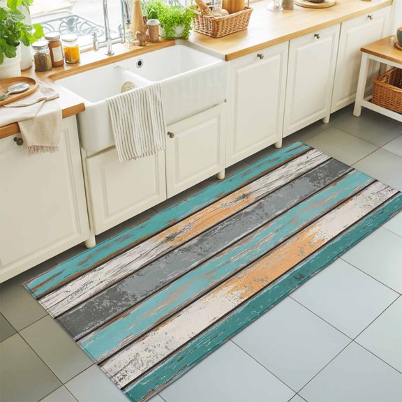 Shabby Chic Farmhouse Wood Board Rectangle Area Rug 2x6ft,Living Room Rug Non-Slip Washable Circle Rugs Pad,Rustic Teal Wooden Soft Floor Carpet for Bedroom Dining Room