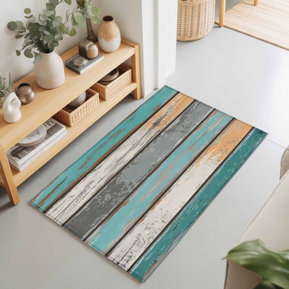 Shabby Chic Farmhouse Wood Board Rectangle Rug 2'x3' Rustic Teal Wooden Washable Area Rugs for Living Room Bedroom Entryway Non Slip Entrance Door Mat Indoor Floor Carpet