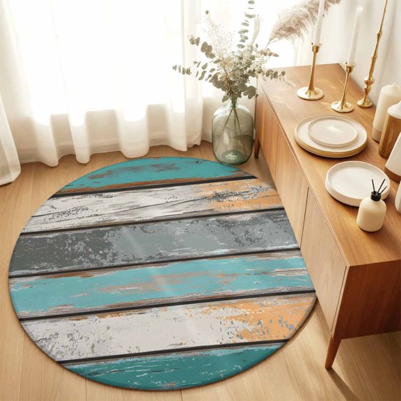 Shabby Chic Farmhouse Wood Board Round Area Rug 3ft,Living Room Rug Non-Slip Washable Circle Rugs Pad,Rustic Teal Wooden Soft Floor Carpet for Bedroom Dining Room