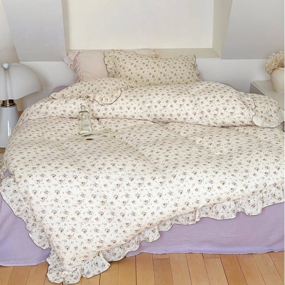 Shabby Chic Floral Duvet Cover Set Twin Size Soft 100% Cotton Muslin with Ruffled Edges, Crapemyrtle Print, Includes 1 Duvet Cover + 2 Pillowcases