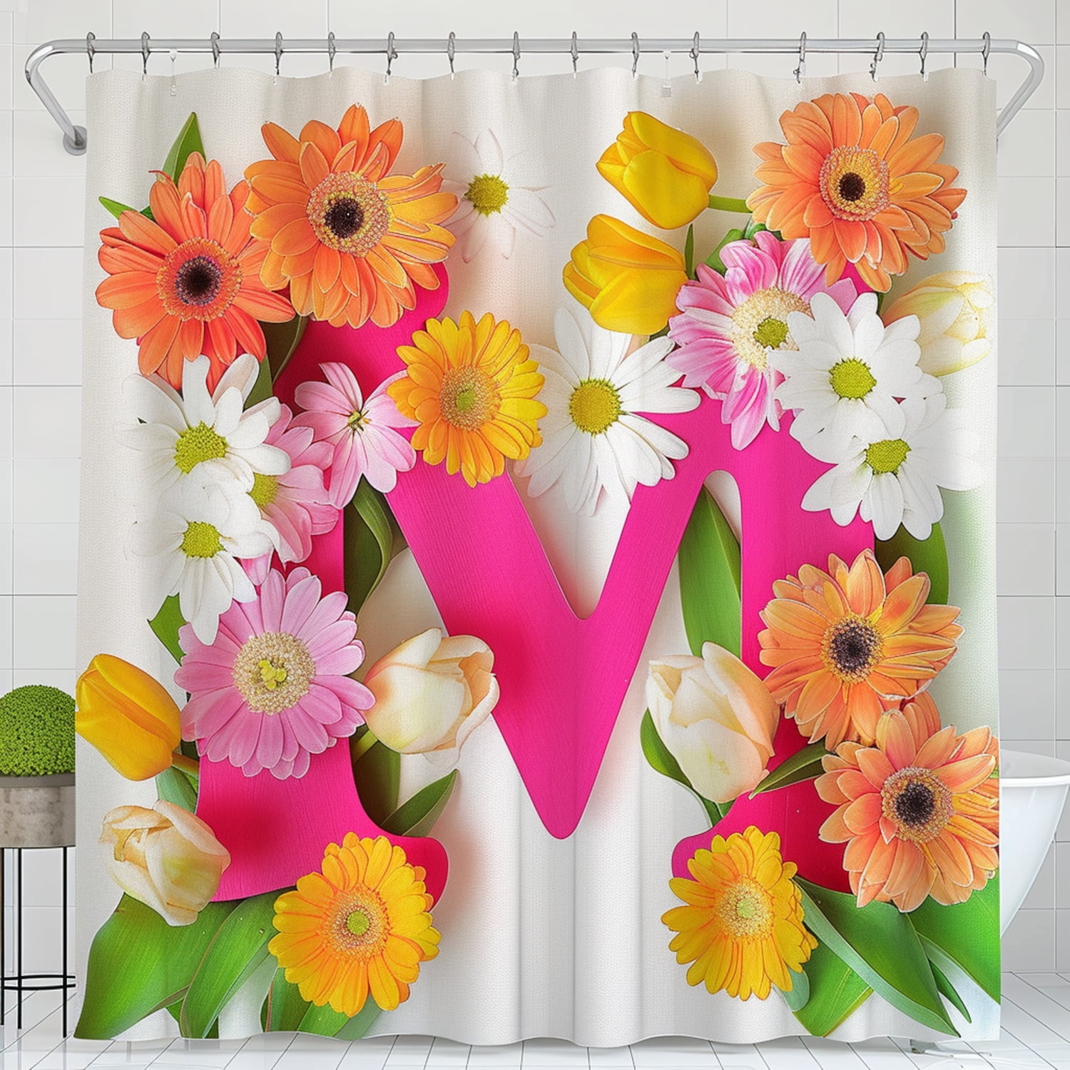 Shabby Chic Floral Letter M Shower Curtain Colorful Flowers Pink and