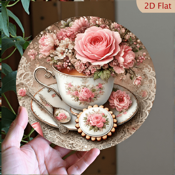 Shabby Chic Floral Teacup Wall Art, Round Aluminum Metal Print, Vintage Pink Rose Tea Party Decorative Sign for Home Kitchen Living Room Decor, 8 x 8 Inch