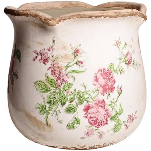 Shabby Chic Flower Pot, 6.11 Inch Ceramic Planter with Drainage for Indoor Plants, Vintage Ceramic Vase, Country Chic Spring Garden Home Decor, Pink Rose Floral