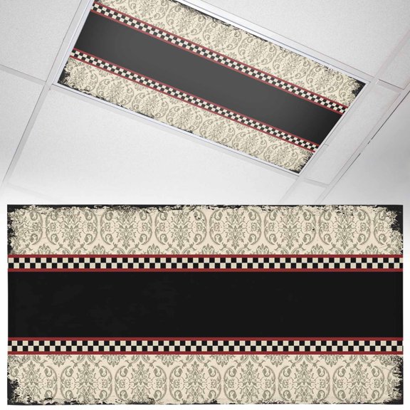 Shabby Chic Fluorescent Light Covers Traditional Ethic Flowers Black Plaids Casual Retro Magnetic Light Filters Ceiling Lighting Panel Shade for Classroom Office Home 2 x 4 ft, 1 Pack