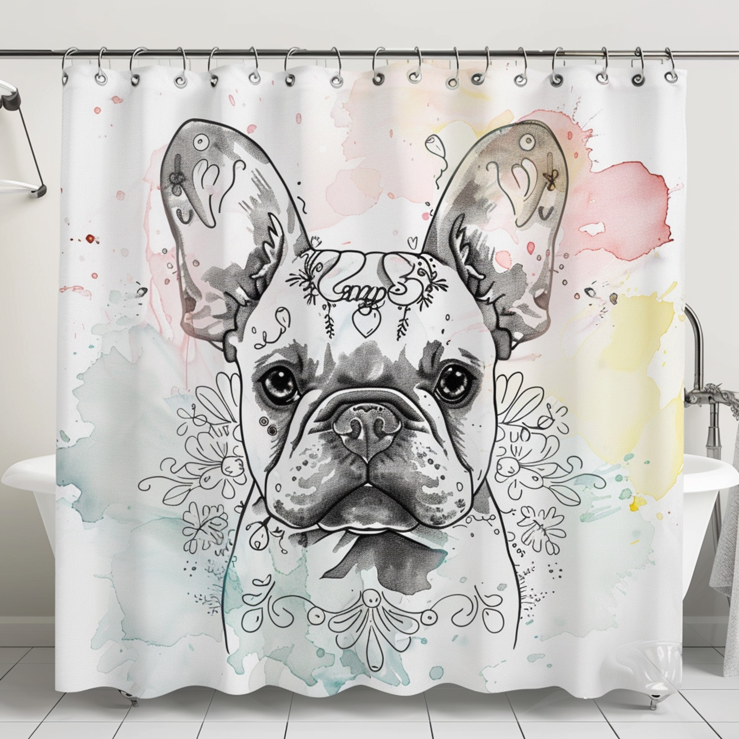 Shabby Chic French Bulldog Shower Curtain with Romantic Illustration