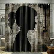 Shabby Chic Gothic Style Bathroom Curtain with Black Silhouette Girl Effect Grunge Texture Industrial Photography Dark Gray & Light Brown
