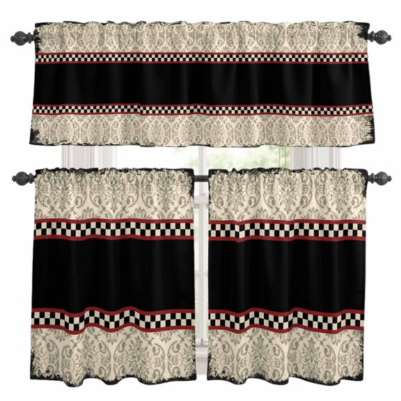 Shabby Chic Kitchen Curtains Valances and Tiers Set of 3 Traditional Ethic Flowers Black Plaids Casual Retro Tier Curtains and Valance with Rod Pocket for Small Windows, 27.5"x24"