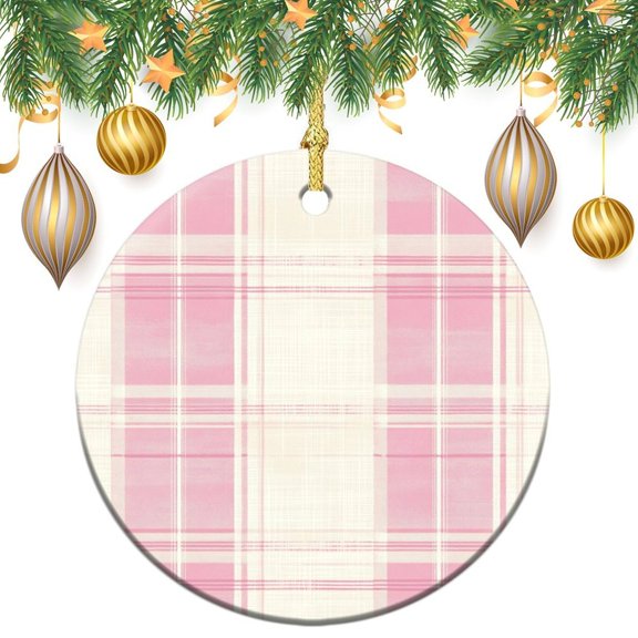 Shabby Chic Light Pink And Beige Plaid Ornament Pink Plaid Double-Sided Ceramics Ornaments Ornament for Christmas Tree Christmas Ornament for Family Sister Friend