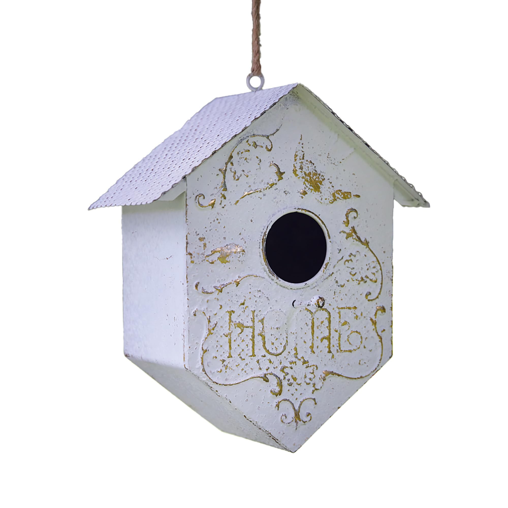 Shabby Chic Distressed White Metal Birdhouse with Gold Filigree