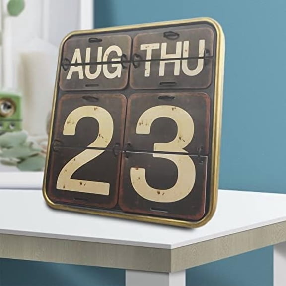 Shabby Chic Metal Perpetual Flip Calendar Permanent Calendar Square Shape Distressed Finish Wall Hanging-Reproduction Antique Railroad(Black)$$Office