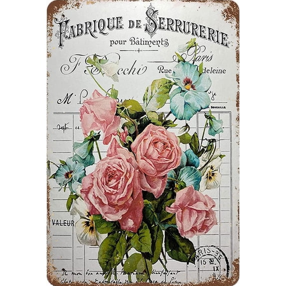 Shabby Chic Metal Tin Sign Wall Decor Floral Roses Sign Cottage Style Wall Decor Metal Signs with Sayings 8x6 Inch