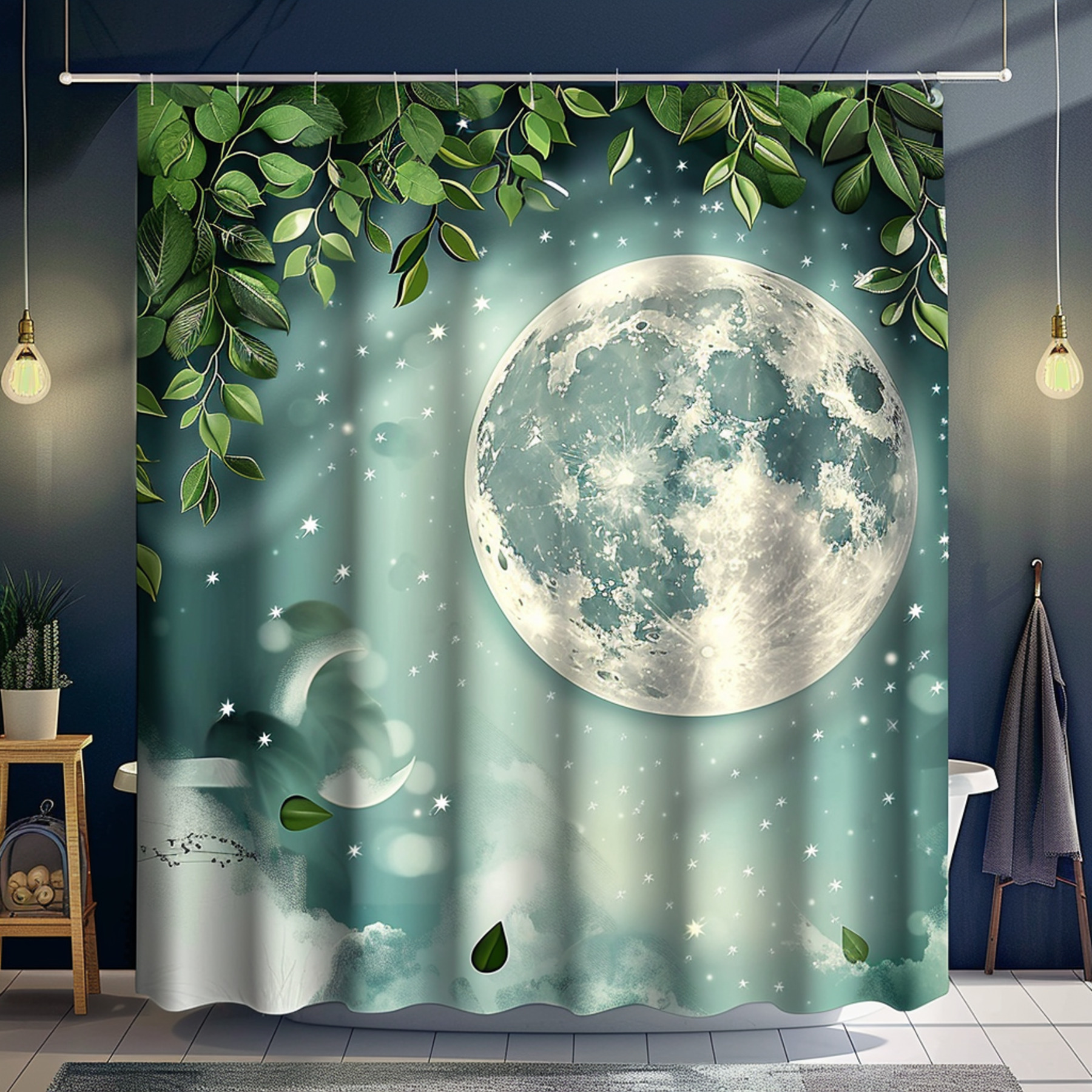 Shabby Chic Moon Landscape Shower Curtain with Leaves and Stars Full Moon Bathroom Decor Hyper