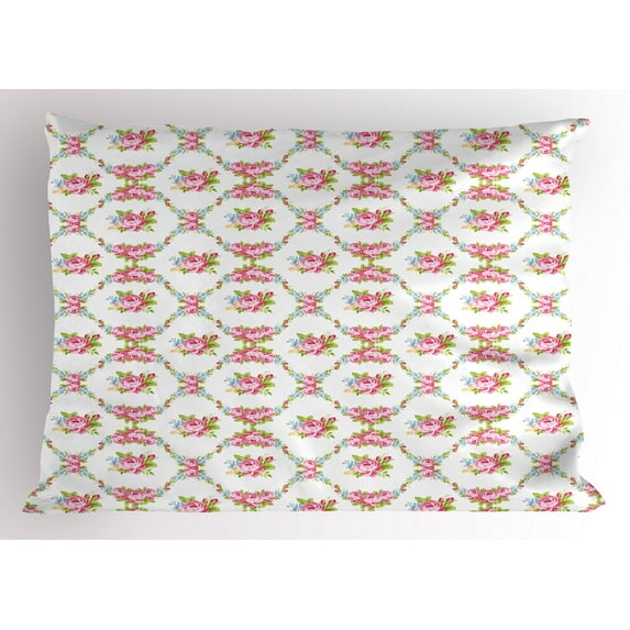 Shabby Chic Pillow Sham Curvy Borders with Rose Blossoms Retro Feminine Flora Waves Garland Inspired, Decorative Standard Queen Size Printed Pillowcase, 30 X 20 Inches, Multicolor, by Ambesonne