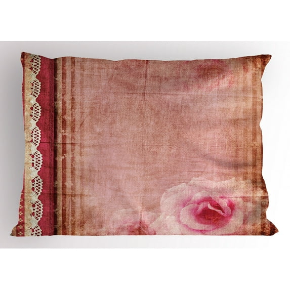 Shabby Chic Pillow Sham Vintage Style Frame with Lace Inspired Borders Old Fashioned Pink Roses Print, Decorative Standard King Size Printed Pillowcase, 36 X 20 Inches, Multicolor, by Ambesonne