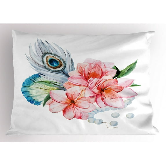 Shabby Chic Pillow Sham Watercolor Style Peony Anemone Flowers Peacock Feather and Beads Artful Image, Decorative Standard Queen Size Printed Pillowcase, 30 X 20 Inches, Multicolor, by Ambesonne