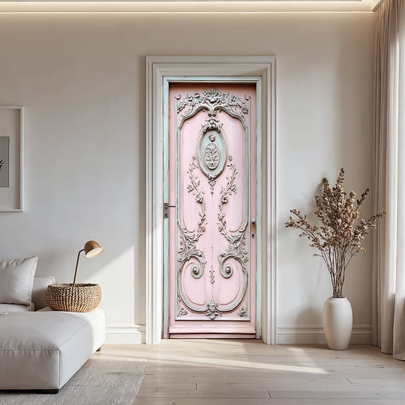 Shabby Chic Pink Carved Door Sticker Self-Adhesive PVC French Country Style Decal for Bedroom Bathroom and Wall Decor Perfect for Renters and DIY Lovers
