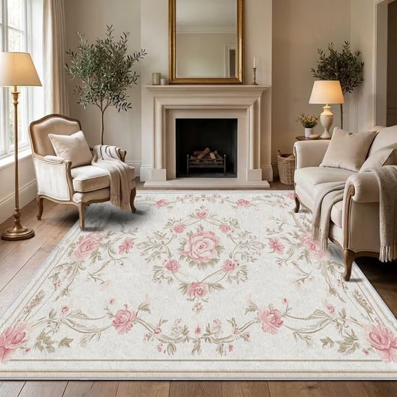 Shabby Chic Pink Rose Area Rugs, Vintage Floral Carpet, Washable Non Slip Low Pile Soft Rug for Living Room Bedroom Home Office Decor Mat 2x3ft