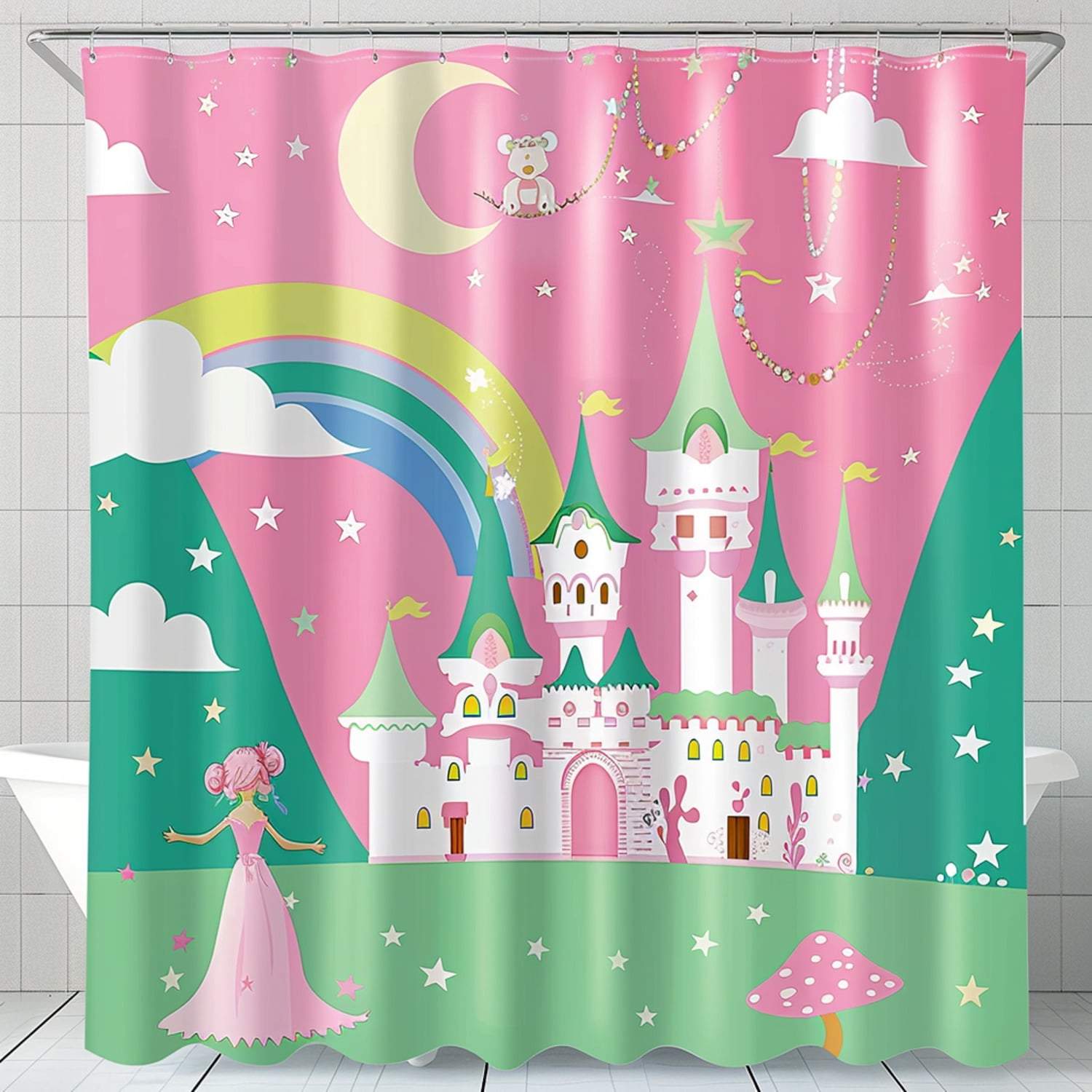 Shabby Chic Pink and Green Fairy Tale Castle Shower Curtain Set Kids