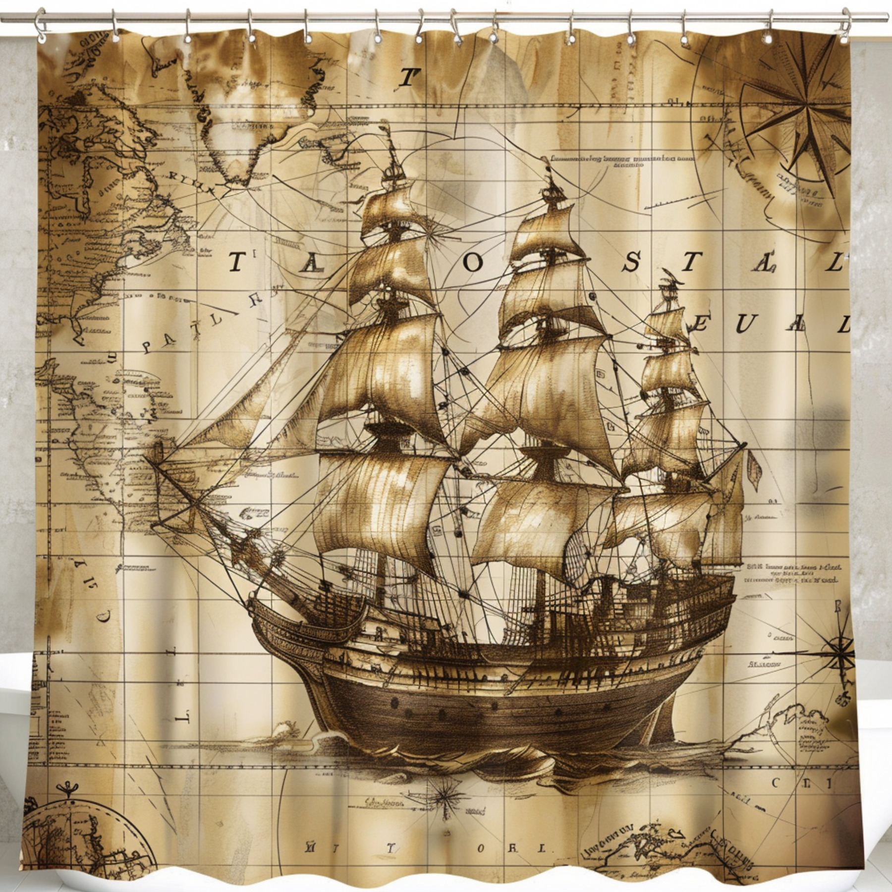 Shabby Chic Pirate Ship Shower Curtain Vintage Map Design with Antique