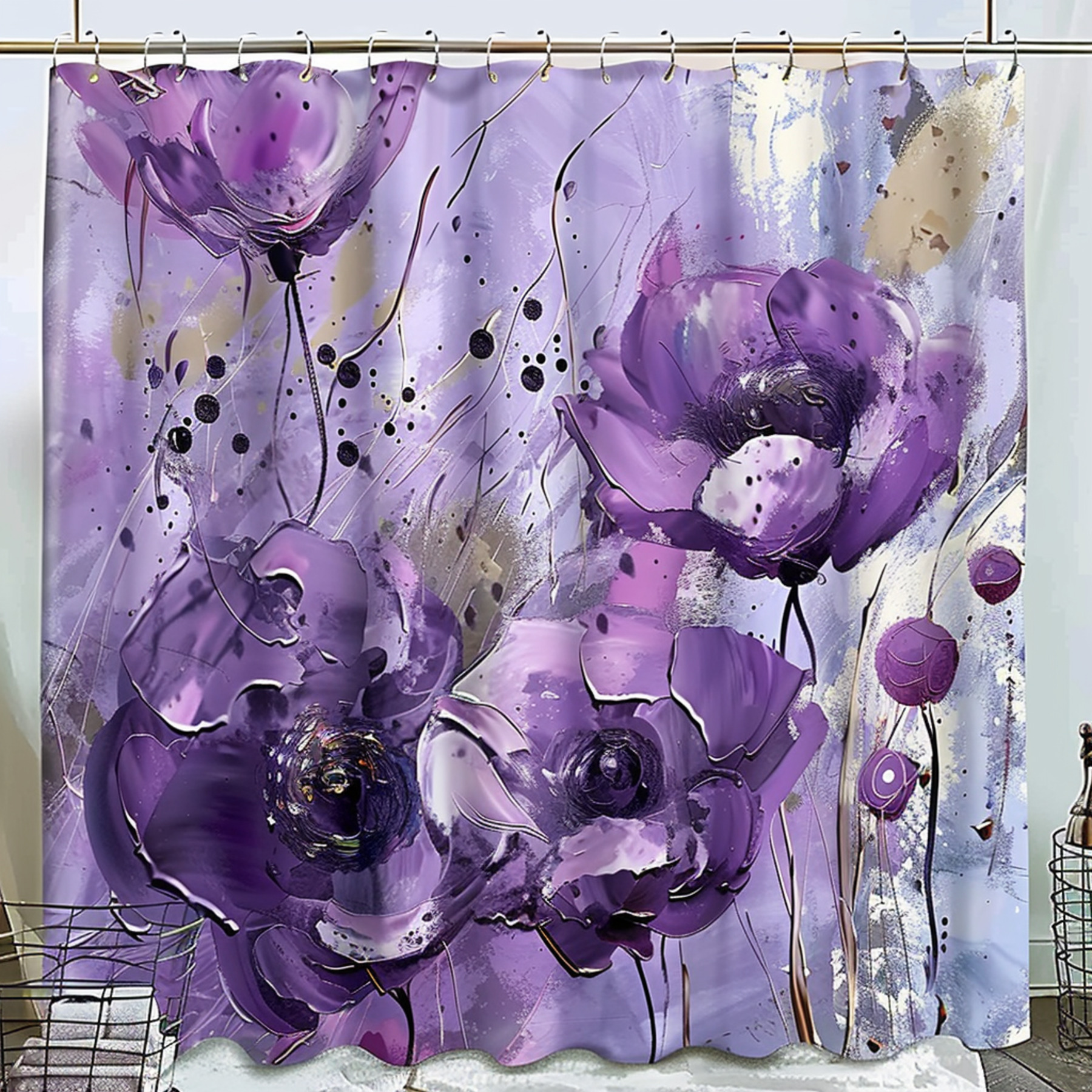 Shabby Chic Purple Floral Painting Bathroom Curtain with Silver