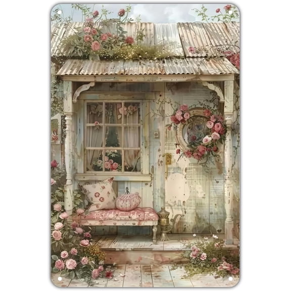Shabby Chic Rose Cottage Vintage Rustic Floral Metal Tin Sign 8 x 12 Inch for Garden Yard Bar Porch Home Bedroom Kitchen Wall Decor