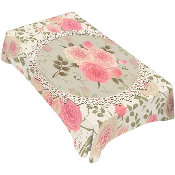Shabby Chic Rose Pattern Tablecloth Decor Lace Frame with A Bouquet of Roses Table Cloth Dining Room Kitchen Table Cover 60" X 84" Oblong/Rectangle