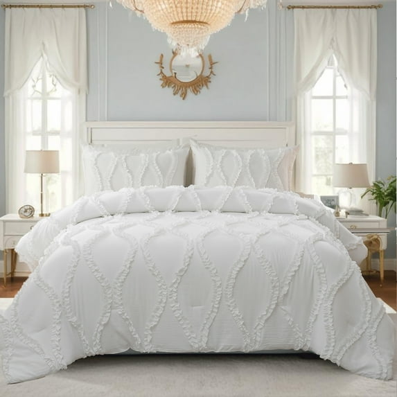 Shabby Chic Ruffle Comforter Set Queen Size,Country Farmhouse Bedding Sets,Ruffled Queen Shabby Chic Comforter Bed Set Beige Grey 3 Pcs Ruffle Bedding for Women Girls All Season Lightweight Comforter
