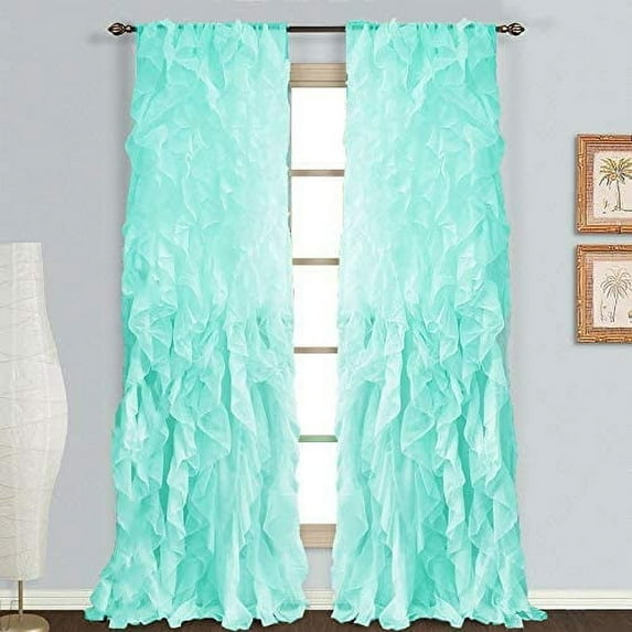 Shabby Chic Sheer Rod Pocket Cascade Waterfall Curtain Panel, (1 Pair, Sea Blue, 50"W x 95"L)
