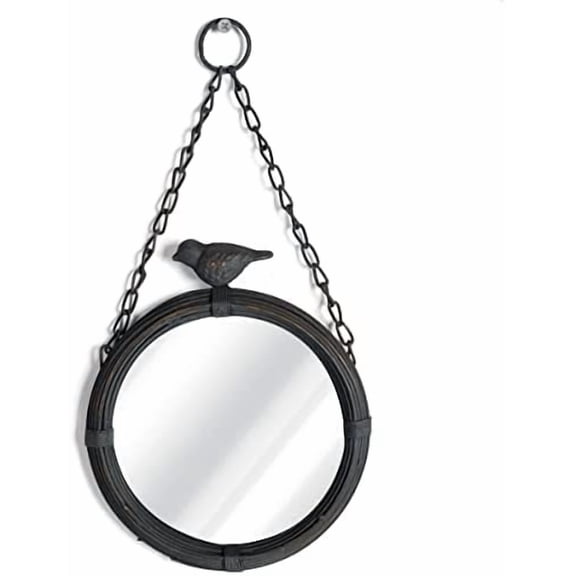 Shabby Chic Small Wall Mirrors Decor Decorative Metal Framed Hanging Round Mirror Vintage Rustic with Sparrow for Bathroom Living Room Office, Antiqued Black
