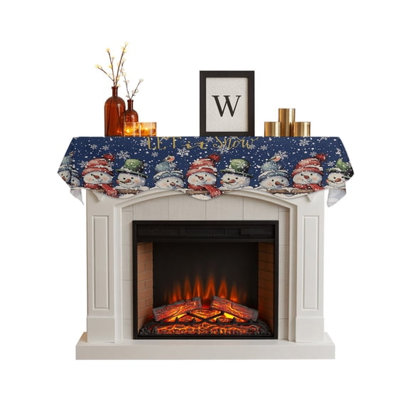 Shabby Chic Snowman Fireplace Mantel Scarf Cover 60"Wx17"L,Fireplace Mantel Shelf Top Runner,Christmas Winter Retro Snowflake Mantle Dresser Scarves Table Runner for Holiday Party Living Room Decor