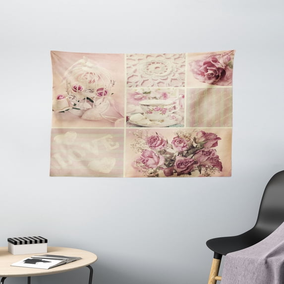 Shabby Chic Tapestry, Grandmother Mothers Day Vintage Themed Lace Cage Cups Flowers, Wall Hanging for Bedroom Living Room Dorm Decor, 60W X 40L Inches, Lilac Light Pink and White, by Ambesonne