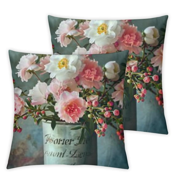 Shabby Chic Throw Pillow Covers, Floral Decorative Cushion Flower Pillow Cases Pink Rose Pillow Cases for for Summer Spring Wedding