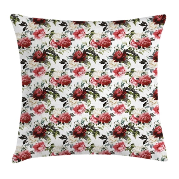 Shabby Chic Throw Pillow Cushion Cover, Country Style Floral Flower Roses Watercolor Image Art, Decorative Square Accent Pillow Case, 24 X 24 Inches, Cream Dark Coral Maroon and Green, by Ambesonne