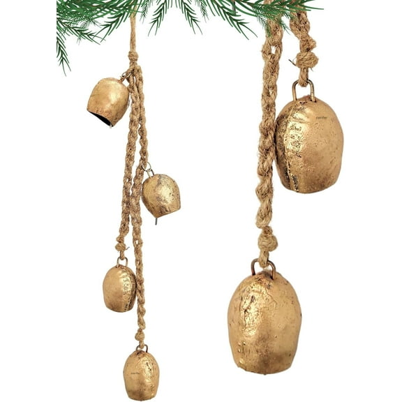 Shabby Chic Vintage Country Rustic Style Bells Cluster Hanging Handmade Metal Harmony Christmas Hanging Cow Bells on Jute Rope (1, Round)
