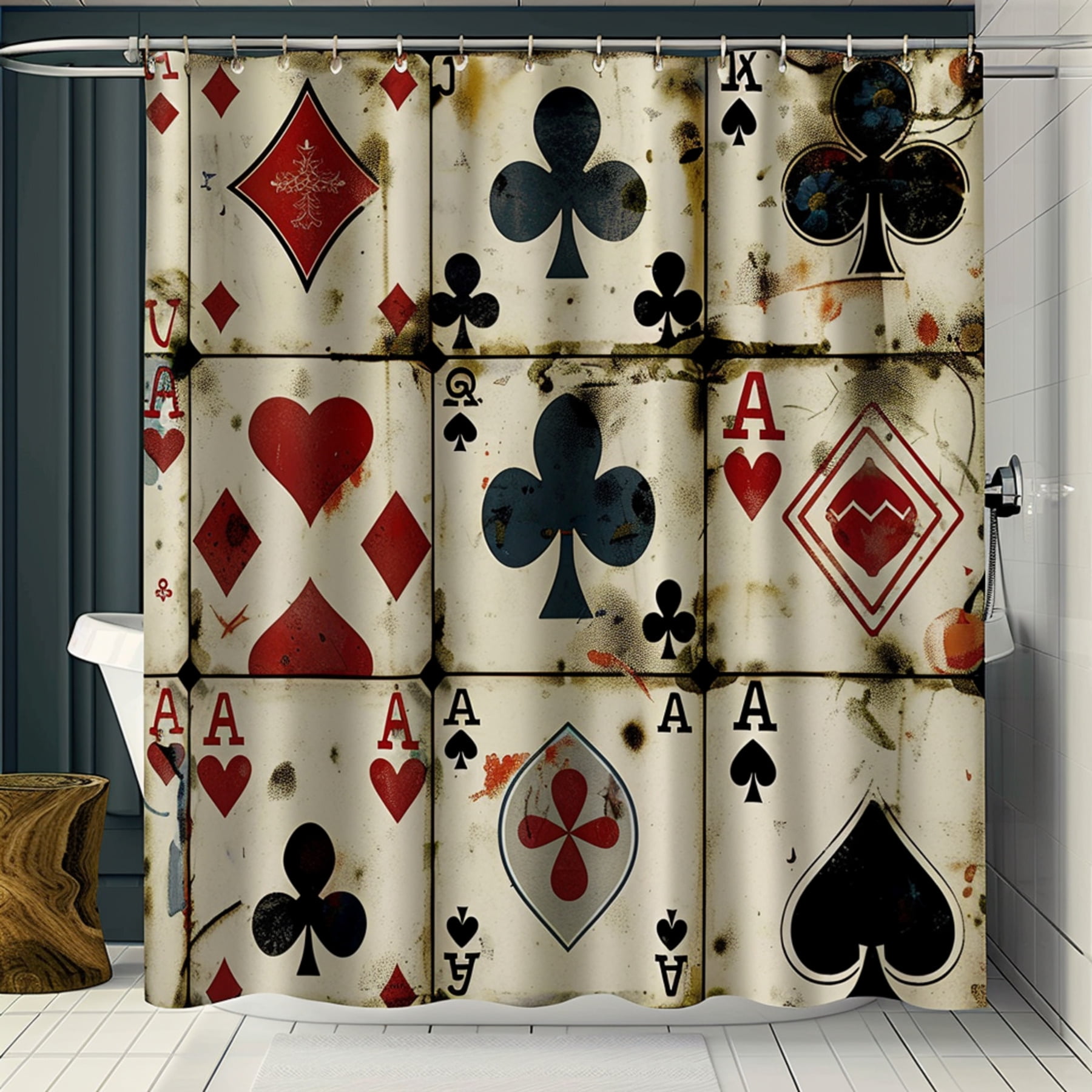 Shabby Chic Vintage Playing Cards Shower Curtain Ultra Realistic Photography Card Suits Pattern ...