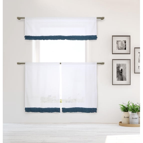 Shabby Chic White 3 Piece Window Curtain Set with Navy Ruffles, One Valance, Two Tiers 36 IN Long, 100% Cotton (White)White and Navy