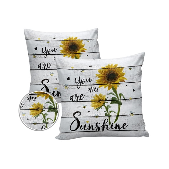 Shabby Chic Yellow Sunflowers and Bee Outdoor Pillow Covers Set of 2, Decorative Waterproof Throw Pillow Case, Wood Barn Cotton Linen Soft Cozy Cushion Pillowcases