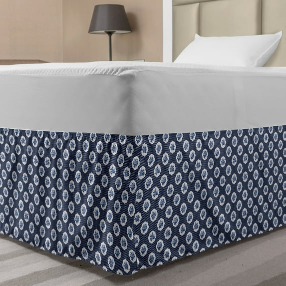 Shabby Flora Bed Skirt, Feminine Pattern with Curvy Frames Motifs with English Roses Polka Dots, Elastic Bedskirt Dust Ruffle Wrap Around for Bedding Decor, 4 Sizes, Dark Blue White, by Ambesonne