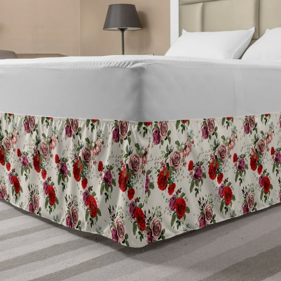 Shabby Flora Bed Skirt, Summer Spring Romantic Valetines Day Themed Flowers Rose Leaf, Elastic Bedskirt Dust Ruffle Wrap Around for Bedding Decor, 4 Sizes, Forest Green Lilac, by Ambesonne