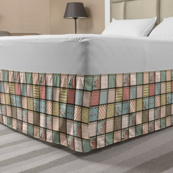 Shabby Flora Bed Skirt, Vintage Style Patchwork Design Colorful and Details Vibes, Elastic Bedskirt Dust Ruffle Wrap Around for Bedding Decor, 4 Sizes, Multicolor, by Ambesonne