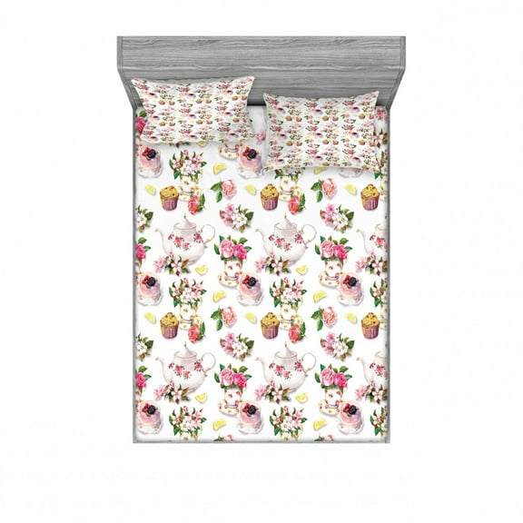 Shabby Flora Bedding Set with Sheet & Covers, Roses Shabby Form Design Vintage Teapots Flowers Leaves Cakes Lemon Art Print, Printed Bedroom Decor 2 Shams, 4 Sizes, Multicolor, by Ambesonne