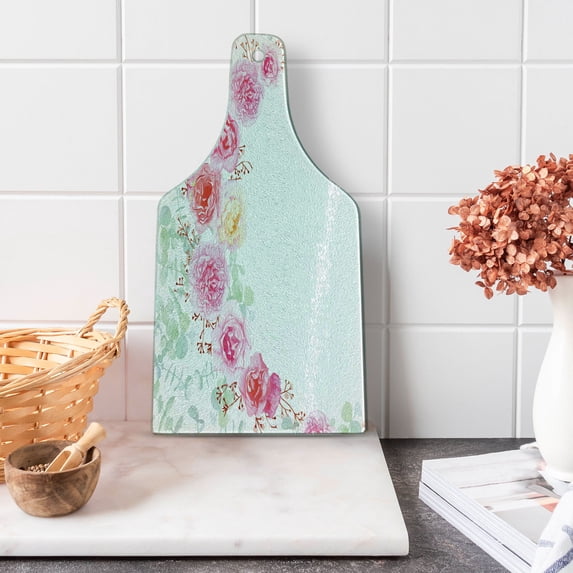 Shabby Flora Cutting Board, Floral Wreath in Half Blossoming Romantic Bridal Roses Peonies Feminine Design, Tempered Glass Cutting and Serving Board, Wine Bottle Shape, Multicolor, by Ambesonne